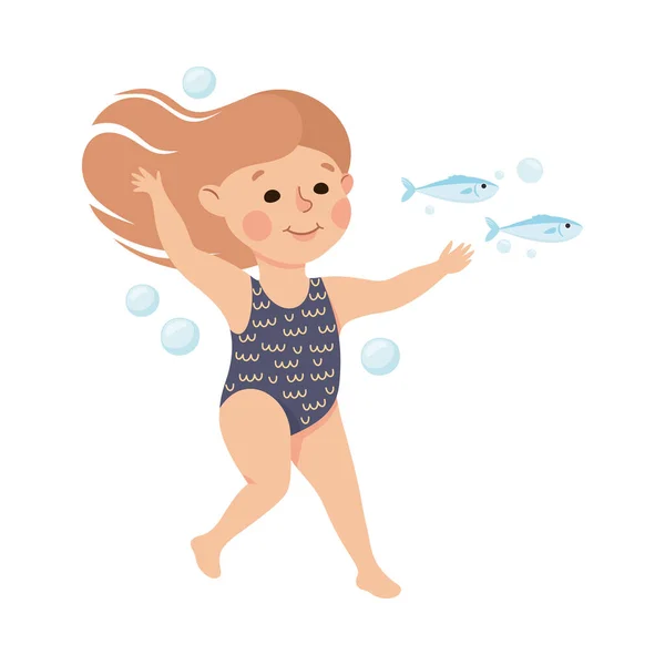 Little Girl in Swimsuit Swimming Underwater with Fish and Bubbles Vector Illustration — Stock Vector