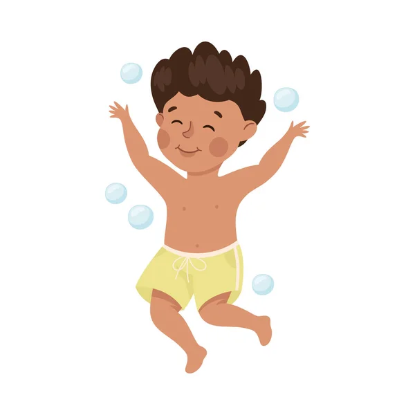 Kleiner Junge in Badehose taucht und schwimmt unter Wasser mit Bubbles Vector Illustration — Stockvektor