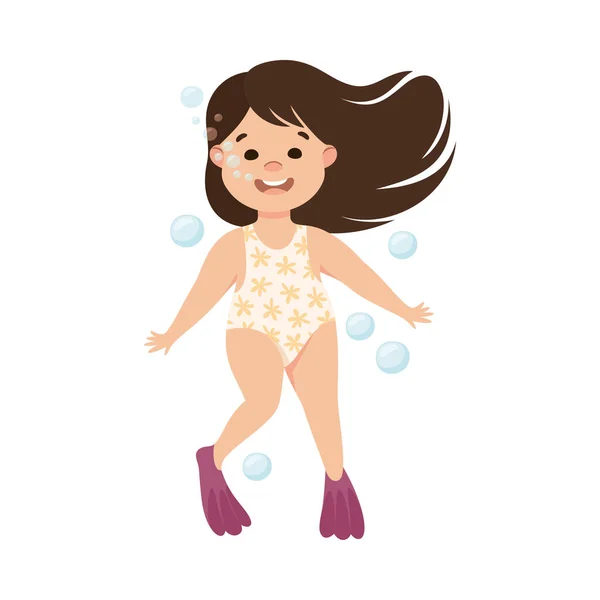 Little Girl in Swimsuit and Flippers Swimming Underwater with Bubbles Vector Illustration — Stock Vector