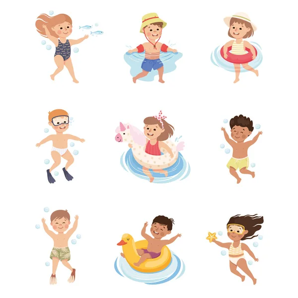 Little Children Swimming with Rubber Ring and Flippers in Water Vector Set — Stock Vector