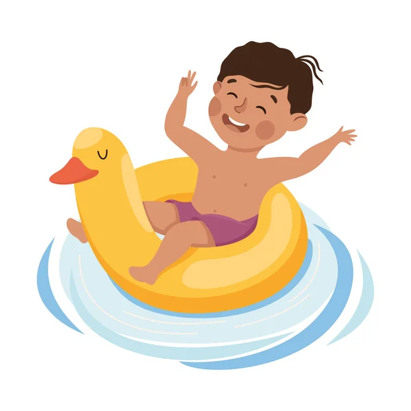 Little Boy Swimming with Yellow Duck Rubber Ring Vector Illustration Vektorová Grafika