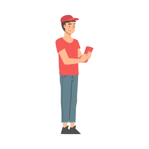 Чоловік доброволець у червоній шапці Рука листівки Займається благодійною діяльністю Векторні ілюстрації — стоковий вектор