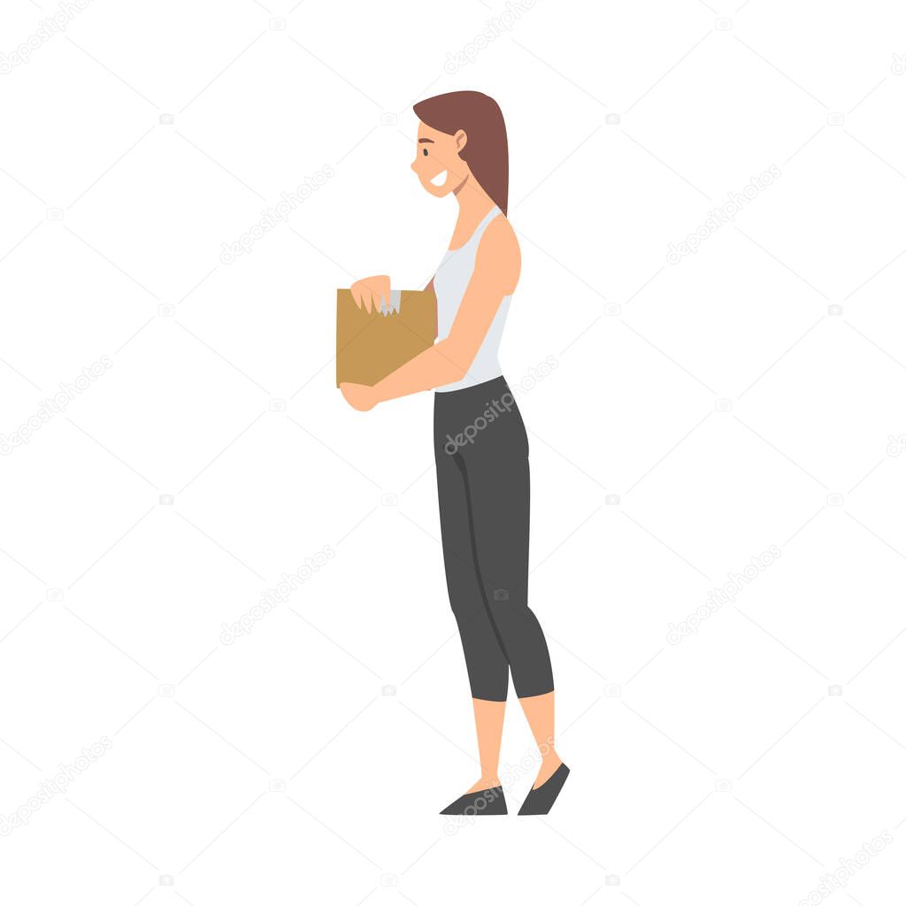 Woman Volunteer with Food Box Engaged in Charity Activity Donating It to Needy Vector Illustration