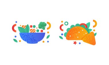 Fast Food and Healthy Meals Dishes Set, Mexican Taco, Bowl of Soup Flat Vector Illustration