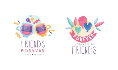 Set of Friends Forever Logo, Happy Friendship Hand Drawn Badges, Banner, Poster, Card, T-shirt Design Vector Illustration