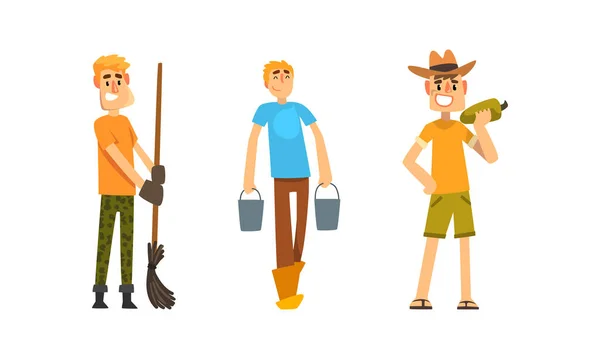 Cheerful Farmers at Work Set, Male Gardener Sweeping with Broom, Carrying Buckets, Harvesting, Farming and Agriculture Cartoon Vector Illustration — стоковий вектор