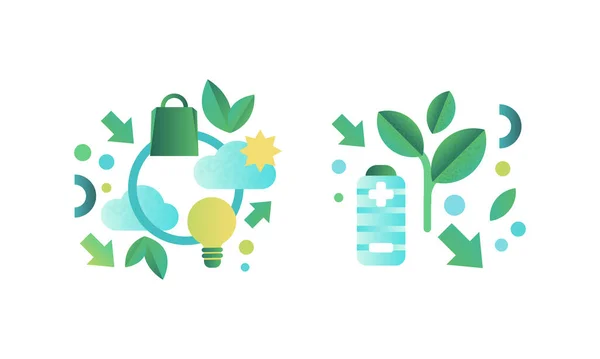 Eco Friendly Technologies Icons Set, Battery, Light Bulb, Green Energy and Environment Protection Concept Flat Vector Illustration — Vector de stock