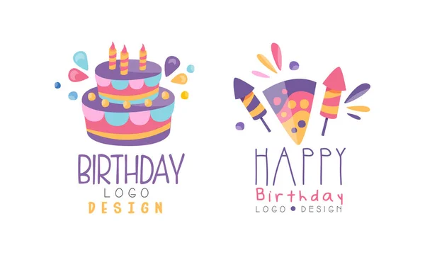 Birthday Logo Templates Set, Holiday Celebration Hand Drawn Badges, Banner, Poster, Card, T-shirt Design Vector Illustration — Archivo Imágenes Vectoriales