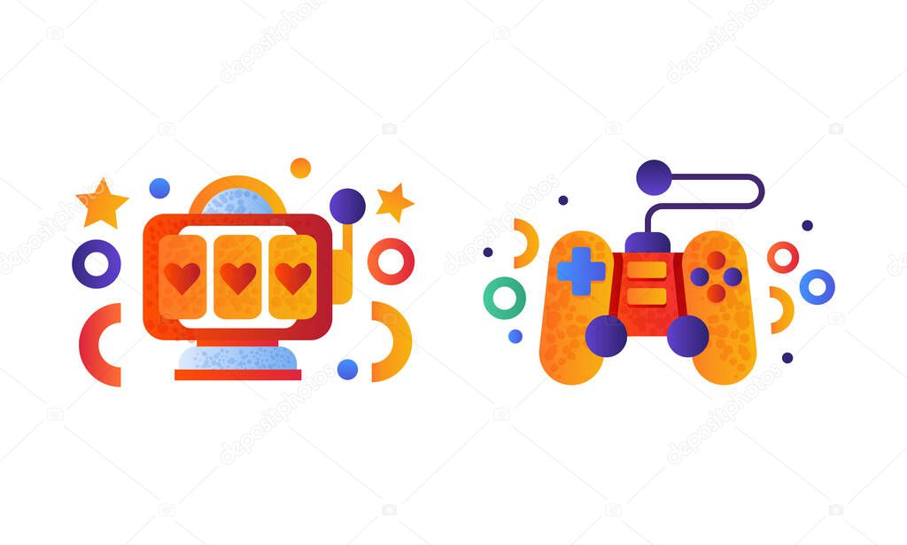 Set of Entertainment Symbols, Slot Machine, Video Game Controller, Flat Vector Illustration