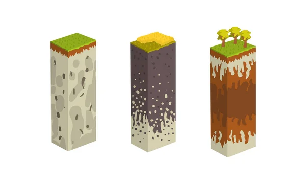 Colonne stratigrafiche con taglio del suolo, illustrazione vettoriale del fumetto delle sezioni geologiche — Vettoriale Stock