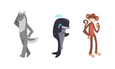 Modern Gadget Kümeli Komik Hayvanlar, Maymun, Balina, Kurt Akıllı Telefonları Kullanan Akıllı Vektör Çizimi