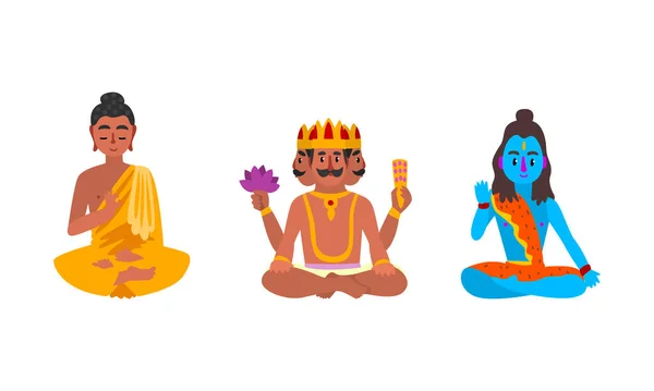 Indische Götter Set, Brahma, Sitzender Buddha, Shiva Idole Cartoon Vector Illustration — Stockvektor