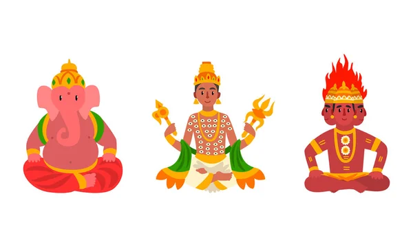 Indische Götter Set, Agni, Ganesha, Indra Idole Cartoon Vector Illustration — Stockvektor
