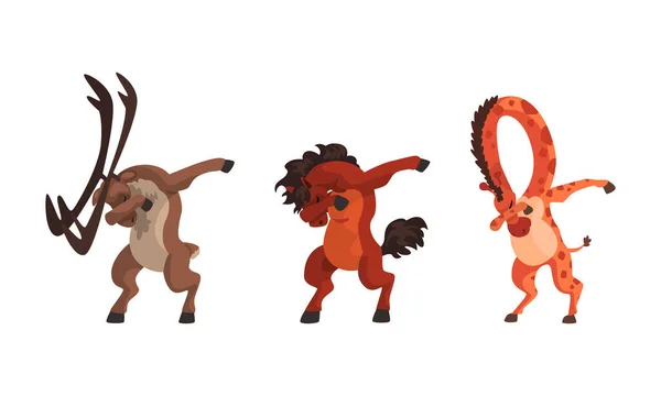 Dieren Staande in Dub Dance Pose Set, Eland, Paard, Giraffe Doen Dabbing Cartoon Vector Illustratie — Stockvector