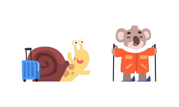 Grappige dieren Reizen op vakantie set, Amusante slak kruipen met koffer, Koala Bear Skiën Cartoon Vector Illustratie — Stockvector