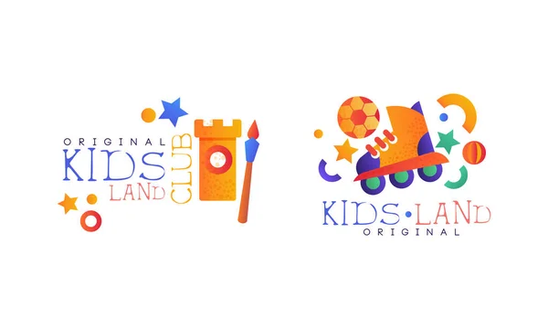 Ensemble de logo original Kids Land, aire de jeux, aire de jeux, fête pour enfants Illustration vectorielle plate — Image vectorielle