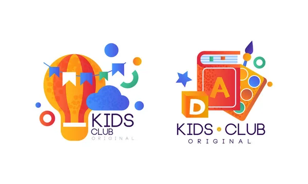 Ensemble de conception de logo original Kids Club, jardin d'enfants, aire de jeux, étiquettes d'aire de jeux, illustrations vectorielles plates emblèmes — Image vectorielle