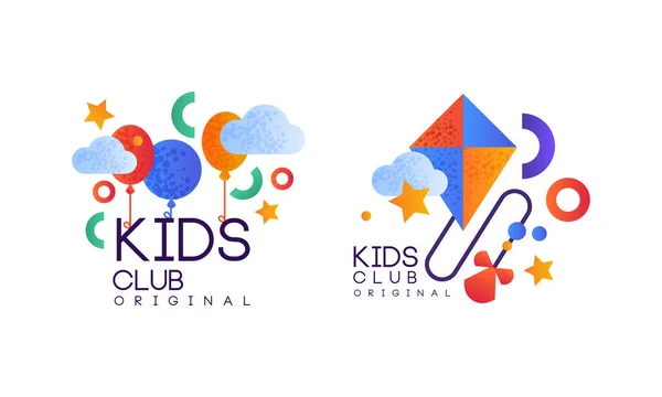Kids Club Logo Original Set, Aire de jeux, Étiquettes d'aire de jeux, Illustration vectorielle plate de la collection Emblèmes — Image vectorielle