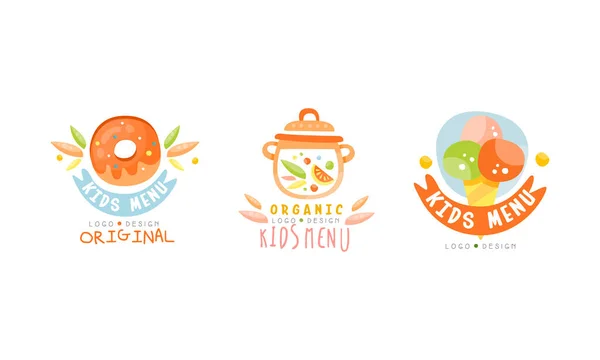 Menú para niños Original Logo Design Set, Cocina orgánica para niños Etiquetas Ilustración vectorial dibujada a mano Ilustración de stock