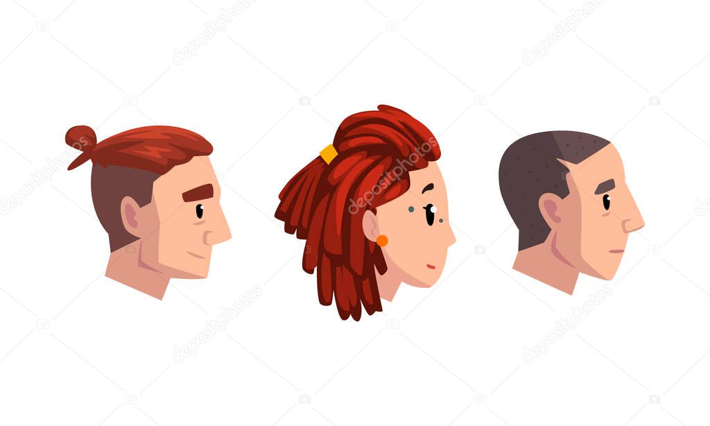 Collection of Profile Portraits of Male and Female Heads, Man and Woman with Various Hairstyles Cartoon Vector Illustration