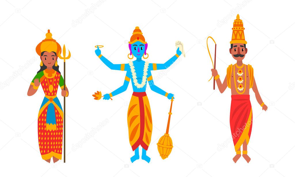 Indian Gods Set, Varuna, Parvati, Vishnu Idols Cartoon Vector Illustration