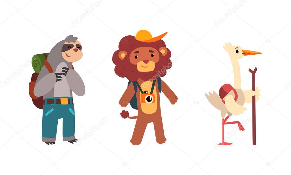 Funny Animals Traveling on Vacation Set, Amusing Sloth, Lion, Stork Having Summer Trip Cartoon Vector Illustration