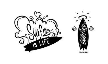 Sörf Logosu Seti, Sörf Kulübü, Dükkan Monokrom Etiketleri ve Amblem Vektör İllüstrasyonu