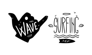 Sörf Logosu Seti, Kart, Tek Renkli Etiketler, Banner, Poster, Tişört Tasarımı Element Resimleri