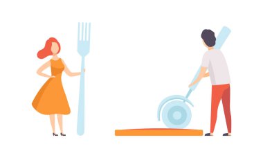 Büyük Mutfak Aletleri Seti, Bıçaklı Pizzayı Kesen Adam, Çatal Vatandaşlı Kadın Çizimi