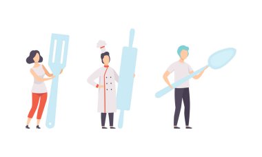 Dev Mutfak Aletleri Spatula, Yuvarlanan İğne ve Kaşık Düz Vektör Resmini Kullanan Mutfak Personeli Seti, Mutfak Aletleri Seti