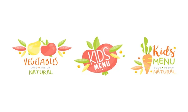 Serie originale di progettazione di logo delle verdure naturali, cucina biologica del menu dei bambini per l'illustrazione vettoriale disegnata a mano delle etichette dei bambini — Vettoriale Stock