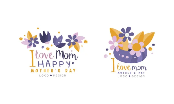 Anne Logosu Tasarım Seti, Mutlu Anneler Günü Çizilmiş Etiketler Vektör İllüstrasyonu — Stok Vektör