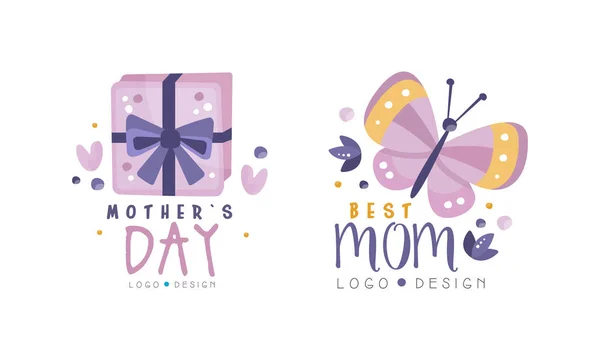 Conjunto de diseño de logotipo del día de las madres, mejor mamá dibujado a mano etiquetas Vector ilustración — Archivo Imágenes Vectoriales