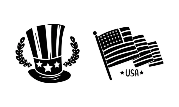 USA Logo Badges Set, Símbolos Nacionales Americanos, Día Nacional Patriótico de la Independencia Emblemas Negros, Pegatinas Vector Illustration — Archivo Imágenes Vectoriales