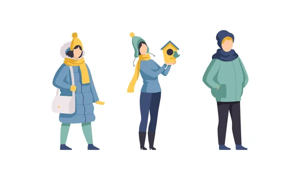 Winter Time Outdoor Activities Set, People in Winter Season Outfit Spending Time Outdoor Flat Vector Illustration — 스톡 벡터