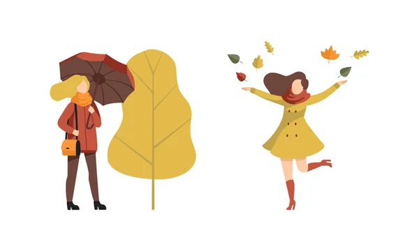 Активный отдых на свежем воздухе осенью, молодые женщины ходят с зонтиком, бросают листья вверх плоские векторные иллюстрации — стоковый вектор