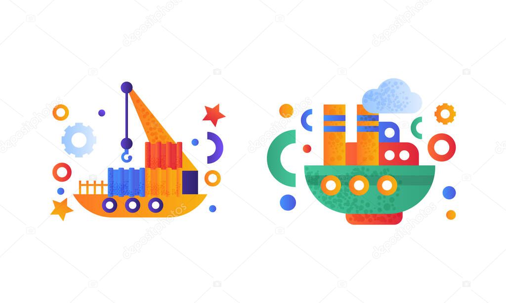 Water Transport Set, Floating Crane, Steamboat Icons Flat Vector Illustration