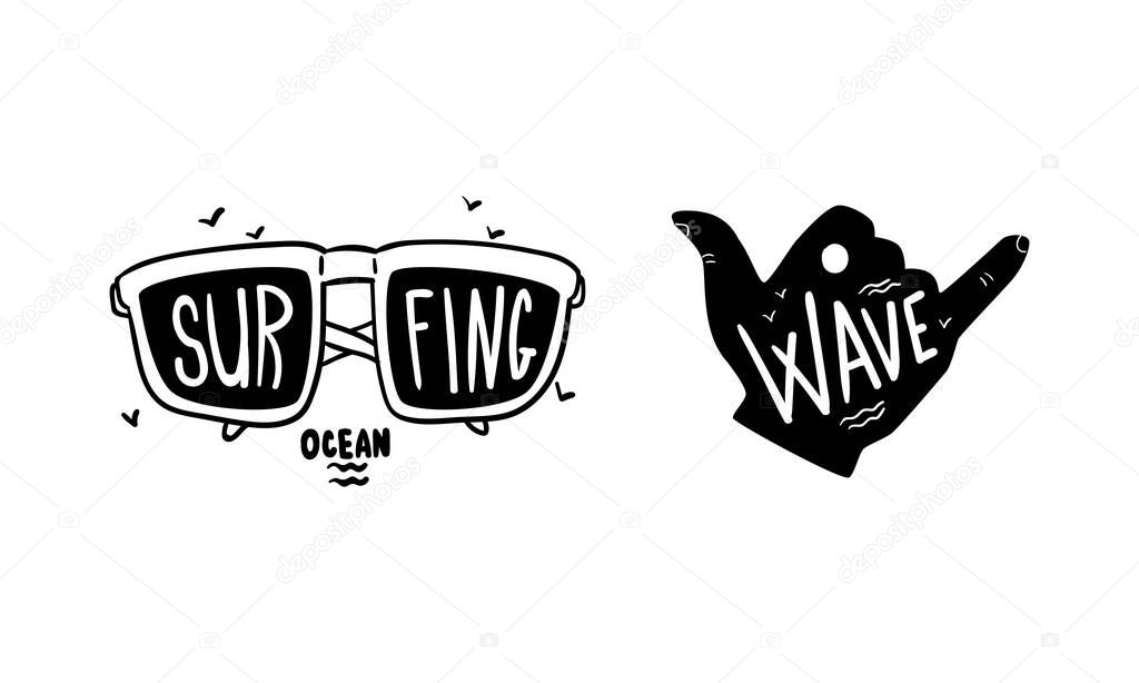 Set of Surfing Logo Design, Surf Club, Shop Monochrome Labels and Emblems Vector Illustration