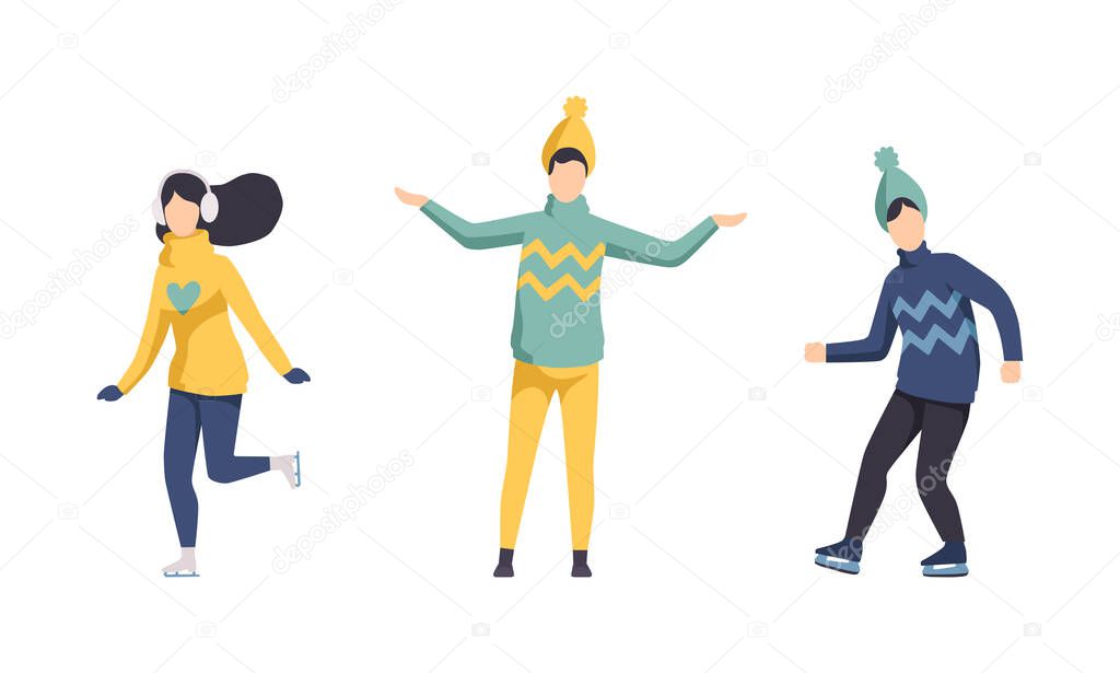 Winter Time Outdoor Activities Set, Children Wearing Winter Outfit Enjoying Skating on Ice Flat Vector Illustration