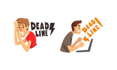 Bitiş Tarihi Belirlendi, Vurgulanmış Ofis İşçisi Fazla mesai Çizgi Film Vektörü İllüstrasyonu