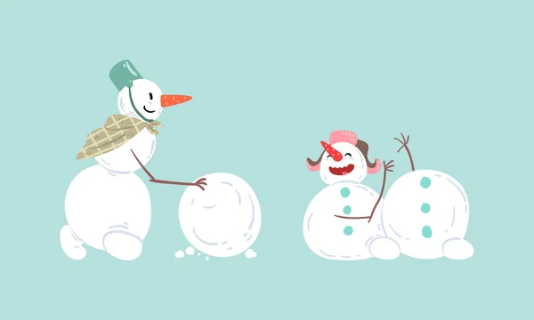 Симпатичный рождественский набор снеговиков, забавные рождественские персонажи, платок в стиле экшн, веселые зимние каникулы и мультфильм "Вектор" — стоковый вектор