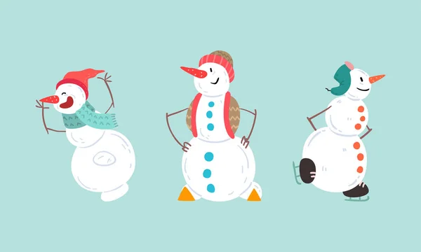 Симпатичный рождественский набор Снеговиков, забавный рождественский персонаж Веселый и шарф в мультфильме "Вектор" — стоковый вектор