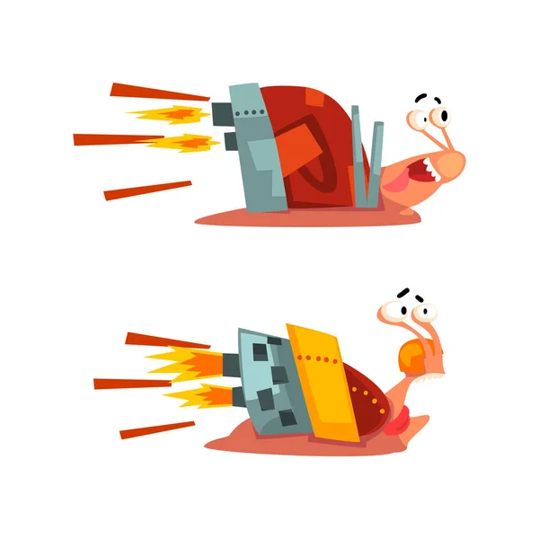 Zestaw zabawnych, szybkich ślimaków, zabawnych postaci mięczaków z Speed Booster Wektor ilustracji — Wektor stockowy
