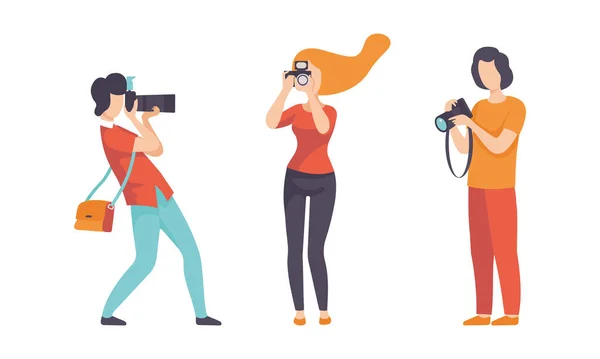 Man and Woman Photographer Shooting with Professional Camera Vector Set — Stock Vector