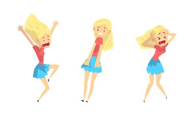 Duygusal Korkmuş Kız Seti, Korkmuş ve Paniklemiş Genç Kadın, Panik Saldırısı, Anksiyete Korkusu, Kriz Karikatür Vektör İllüzyonu