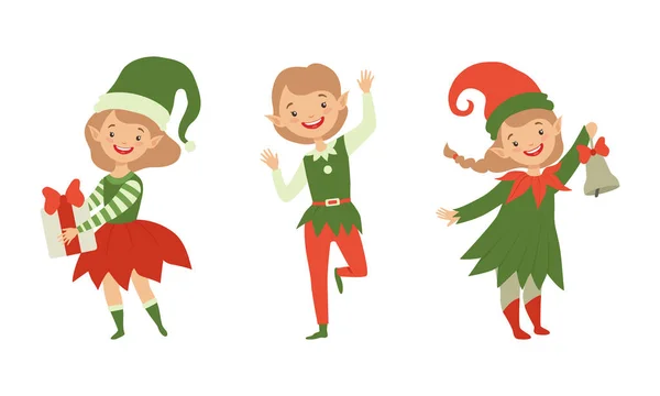 Collection of Christmas Elves, Cute Kids in Xmas Elf Costumes, Santa Claus Helpers Characters Cartoon Vector Illustration — Stock Vector