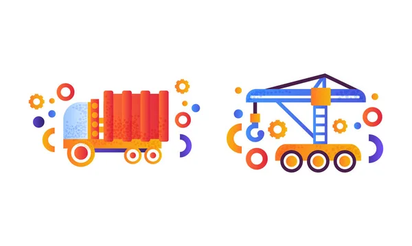 Ensemble de machines industrielles lourdes, Camion à ordures, Illustration vectorielle plate de grue de levage industrielle — Image vectorielle