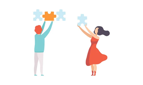 People Connecting Puzzle Pieces Trying to Find Solution Flat Vector Illustration — 图库矢量图片