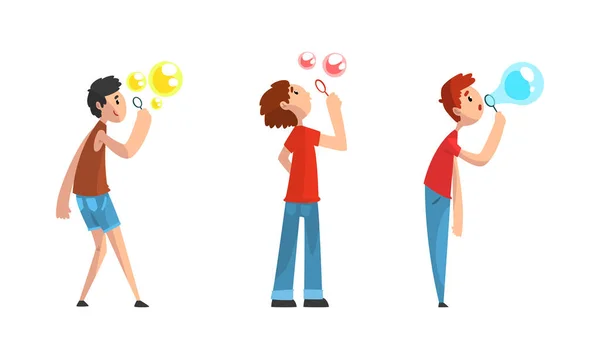 Jongens blazen kleurrijke zeepbellen door middel van Wand set cartoon vector illustratie — Stockvector