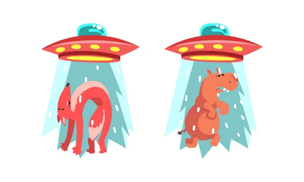 UFO ontvoeren van dieren set, Alien ruimteschip stelen Hippo en Fox cartoon vector illustratie — Stockvector